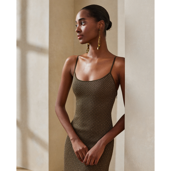 &Auml;rmelloses Seiden-Abendkleid mit Perlen Ralph Lauren Collection in Bronze 3