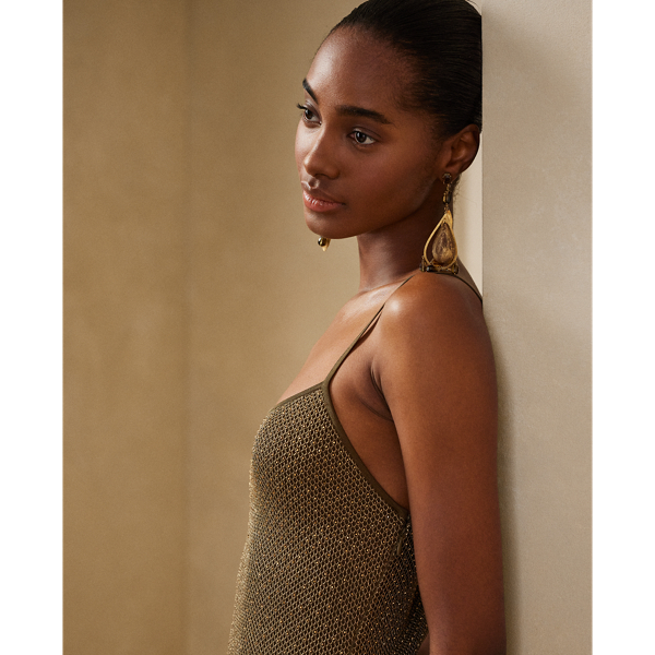 &Auml;rmelloses Seiden-Abendkleid mit Perlen Ralph Lauren Collection in Bronze 5