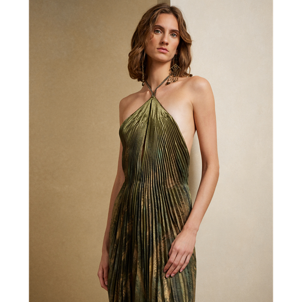 Robe de soir&eacute;e Kellen pliss&eacute;e en satin Ralph Lauren Collection en Olive 4