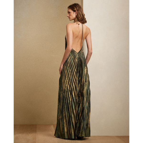 Robe de soir&eacute;e Kellen pliss&eacute;e en satin Ralph Lauren Collection en Olive 5