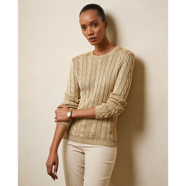 Sand Cable-Knit Silk Crewneck Sweater Ralph Lauren Collection 1