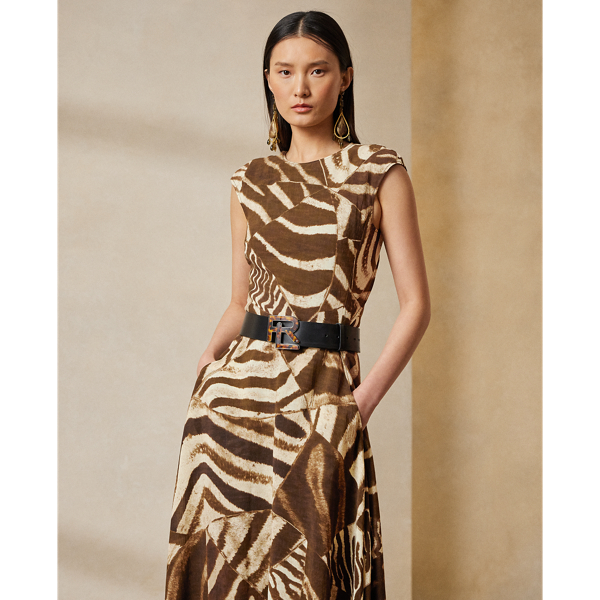 Linnen voile Omeria jurk met zebraprint Ralph Lauren Collection in Bruin/cr&egrave;me multi 4