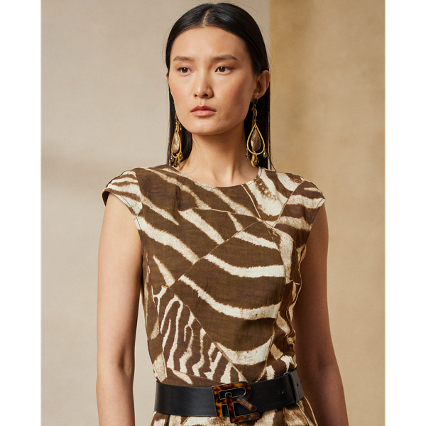 Linnen voile Omeria jurk met zebraprint Ralph Lauren Collection in Bruin/cr&egrave;me multi 6