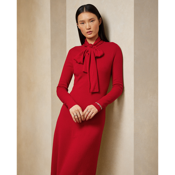 Bright Red Scarf-Neck Cashmere Jumper Dress Ralph Lauren Collection 4