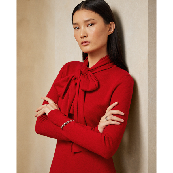 Bright Red Scarf-Neck Cashmere Jumper Dress Ralph Lauren Collection 6