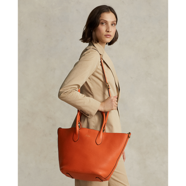 Sunset Orange Bellport Leather Medium Tote Polo Ralph Lauren 9