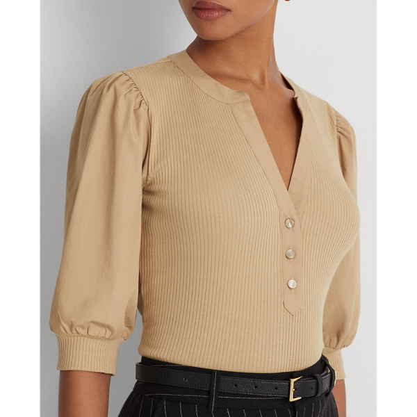 Henley-T-Shirt mit Puff&auml;rmeln Lauren in Birkenbraun 6