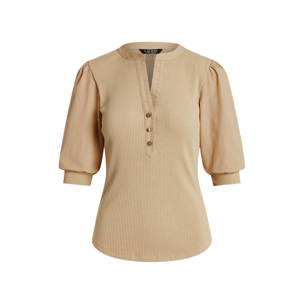 Henley-T-Shirt mit Puff&auml;rmeln Lauren in Birkenbraun 2