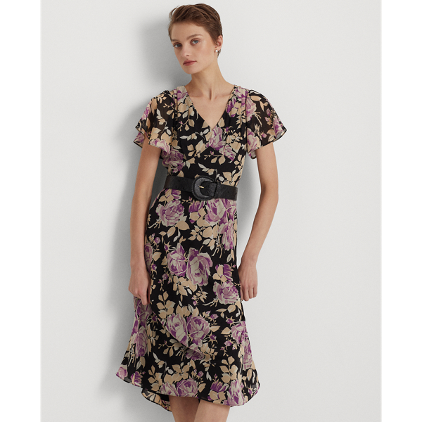 Black/Lavender/Cream Floral Crinkle Georgette Dress Lauren Petite 4