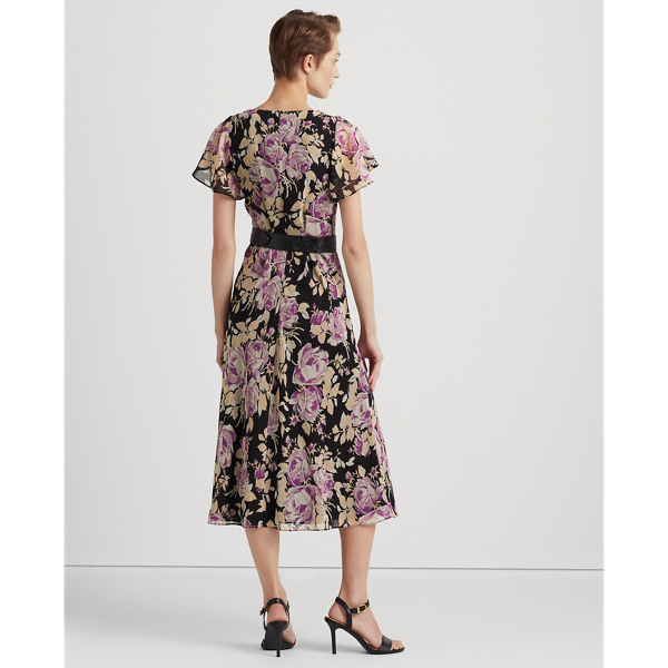 Black/Lavender/Cream Floral Crinkle Georgette Dress Lauren Petite 5