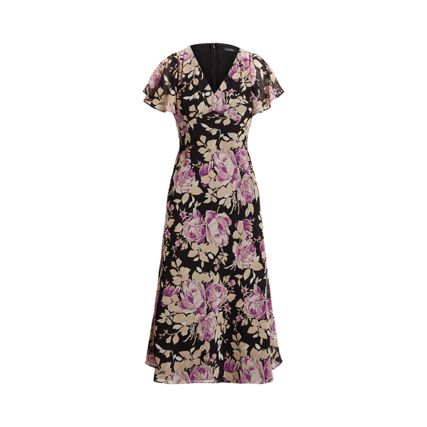 Black/Lavender/Cream Floral Crinkle Georgette Dress Lauren Petite 2