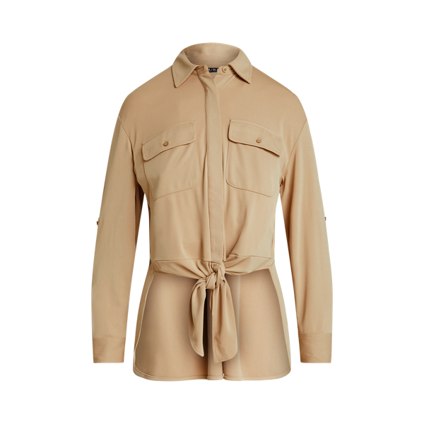 Birch Tan Tie-Front Stretch Jersey Shirt Lauren 2