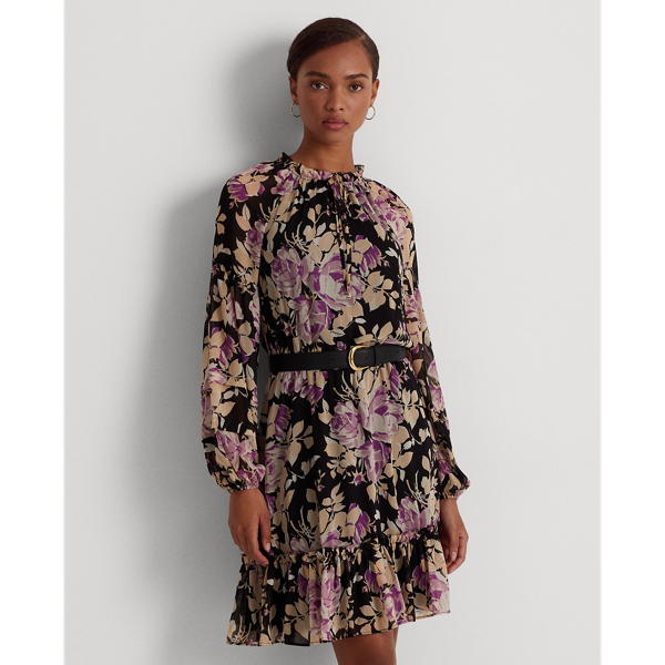 Abito in georgette a fiori con fiocco Lauren in Nero/Lavanda/Panna 4