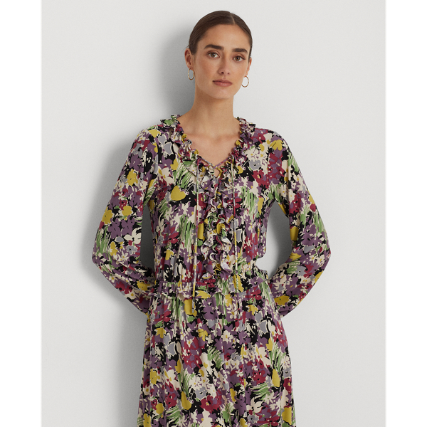 Black/Lavender/Multi Floral Jersey Lace-Up Dress Lauren 4