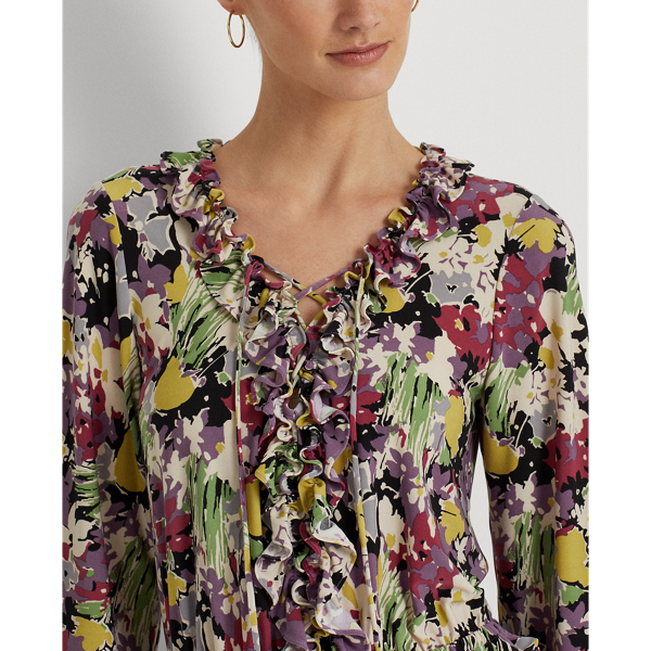 Black/Lavender/Multi Floral Jersey Lace-Up Dress Lauren 6