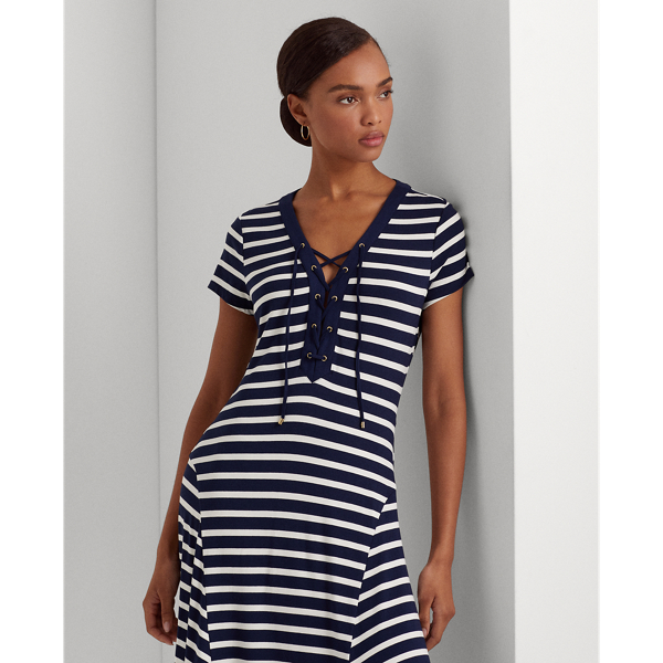 Robe ray&eacute;e &agrave; lacets en jersey Lauren en Refined Navy/White 4