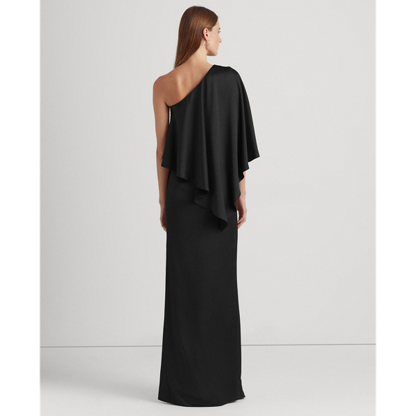 Black Satin One-Shoulder Cape Gown Lauren 4
