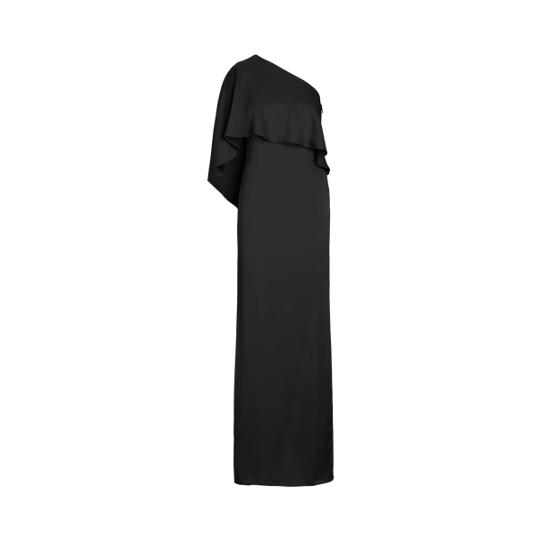 Black Satin One-Shoulder Cape Gown Lauren 2