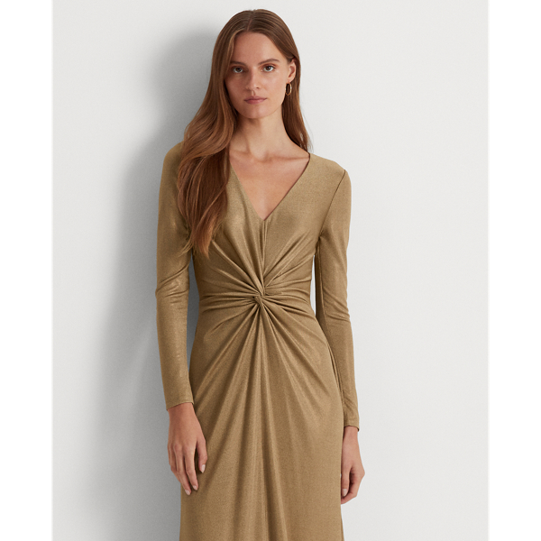 New Bronze Twist-Front Foil-Print Jersey Gown Lauren 4