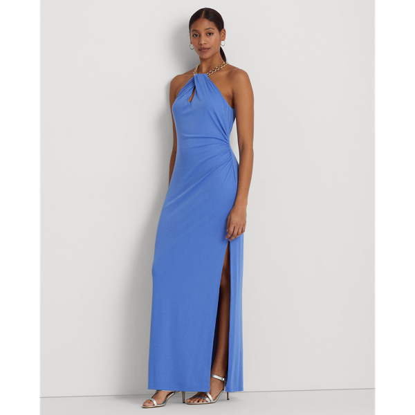 New England Blue Jersey Halter Gown Lauren 4