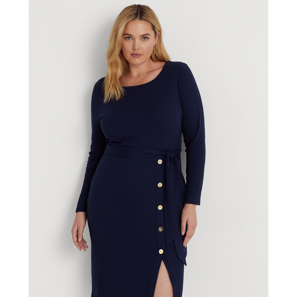 Refined Navy Belted Rib-Knit Dress Lauren Woman 4