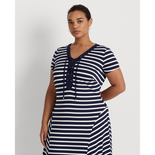 Robe ray&eacute;e &agrave; lacets en jersey Lauren Woman en Refined Navy/White 4