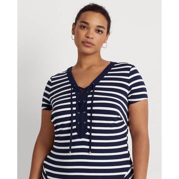 Robe ray&eacute;e &agrave; lacets en jersey Lauren Woman en Refined Navy/White 6