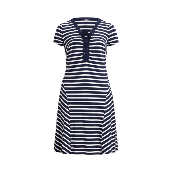 Robe ray&eacute;e &agrave; lacets en jersey Lauren Woman en Refined Navy/White 2