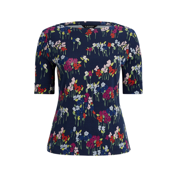 Floral Stretch Cotton Boatneck T-shirt Lauren Woman 1