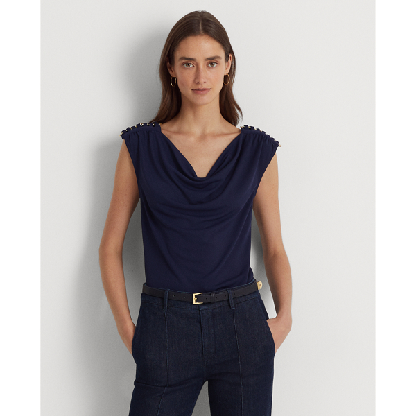 Refined Navy Jersey Sleeveless Cowlneck Top Lauren Petite 1