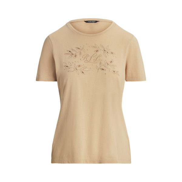 Birch Tan Eyelet Logo Cotton-Blend Tee Lauren 2