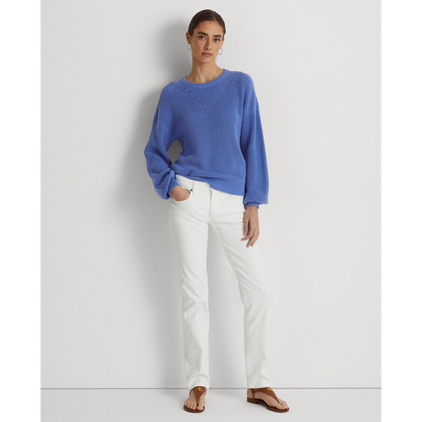 Baumwoll-Rundhalspullover mit Puff&auml;rmeln Lauren in Neuengland-Blau 4