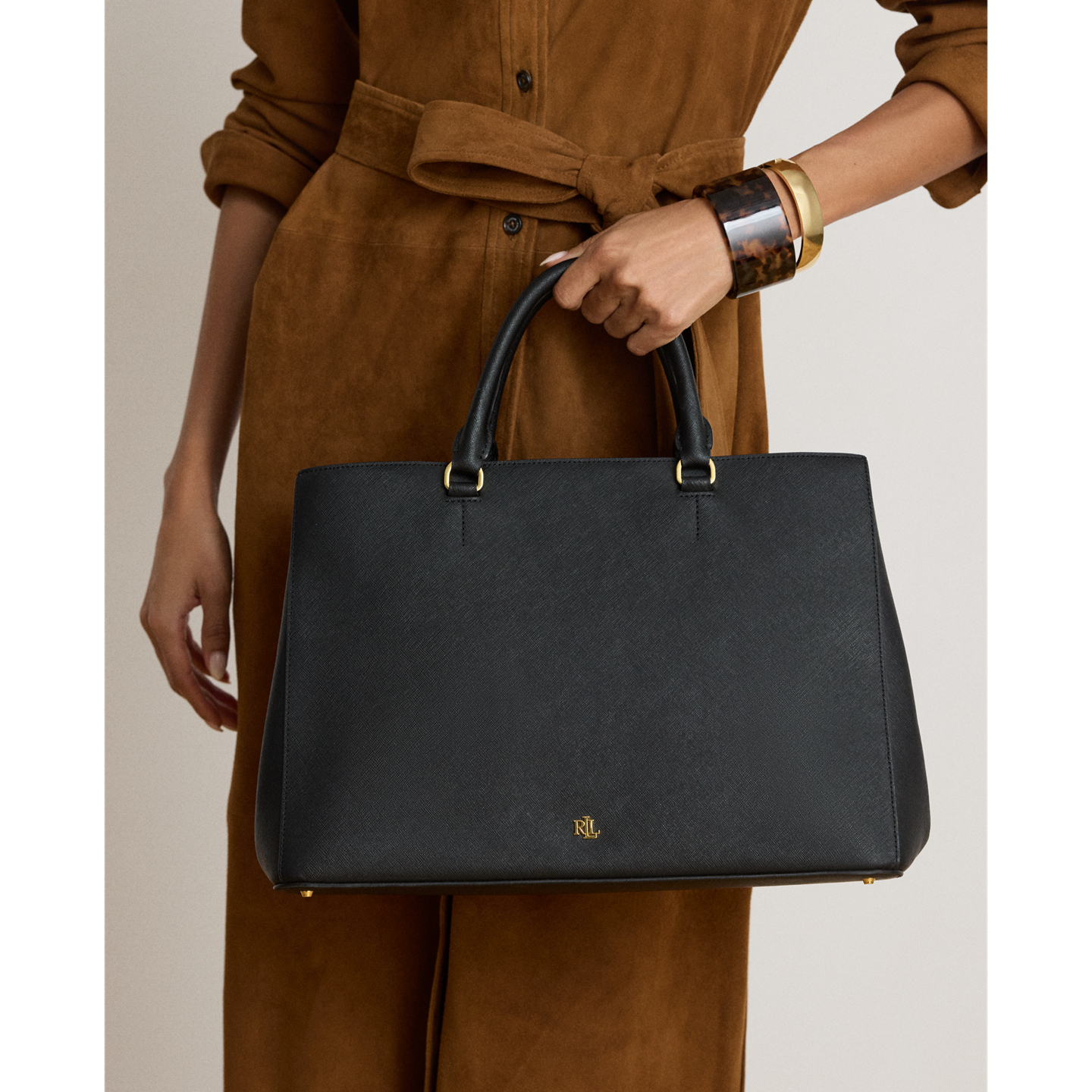 Женская сумка Ralph Lauren Crosshatch Leather Large Hanna Satchel, цвет: Чёрный — фото 5
