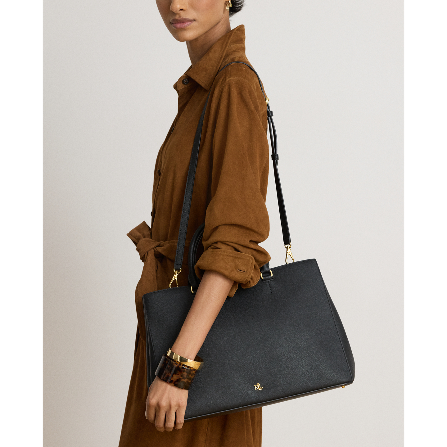 Женская сумка Ralph Lauren Crosshatch Leather Large Hanna Satchel, цвет: Чёрный — фото 6