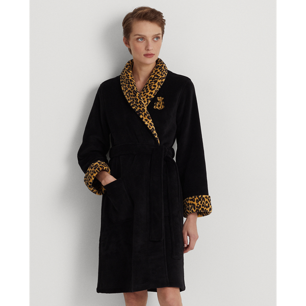 Black Leopard-Print&ndash;Trim Shawl-Collar Robe Lauren 4