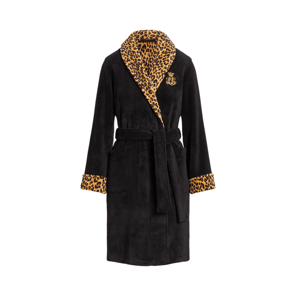 Black Leopard-Print&ndash;Trim Shawl-Collar Robe Lauren 2