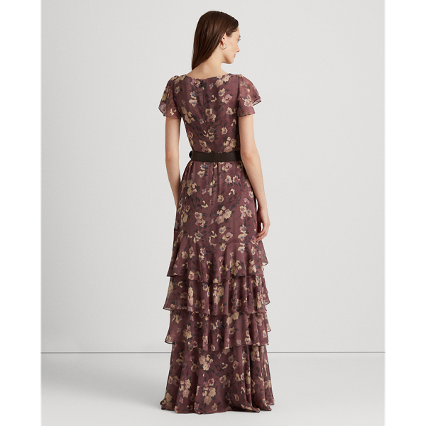 特価！Ralph Lauren Floral-Embroidery Mesh-Yoke レース ワンピ Floral Belted Flutter-Sleeve Gown