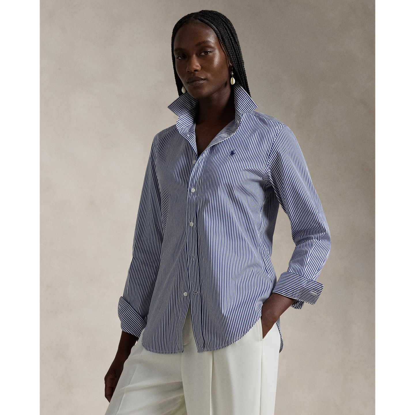 Женская рубашка Ralph Lauren Slim Fit Striped Cotton, цвет: Белый / Королевский синий — фото 4