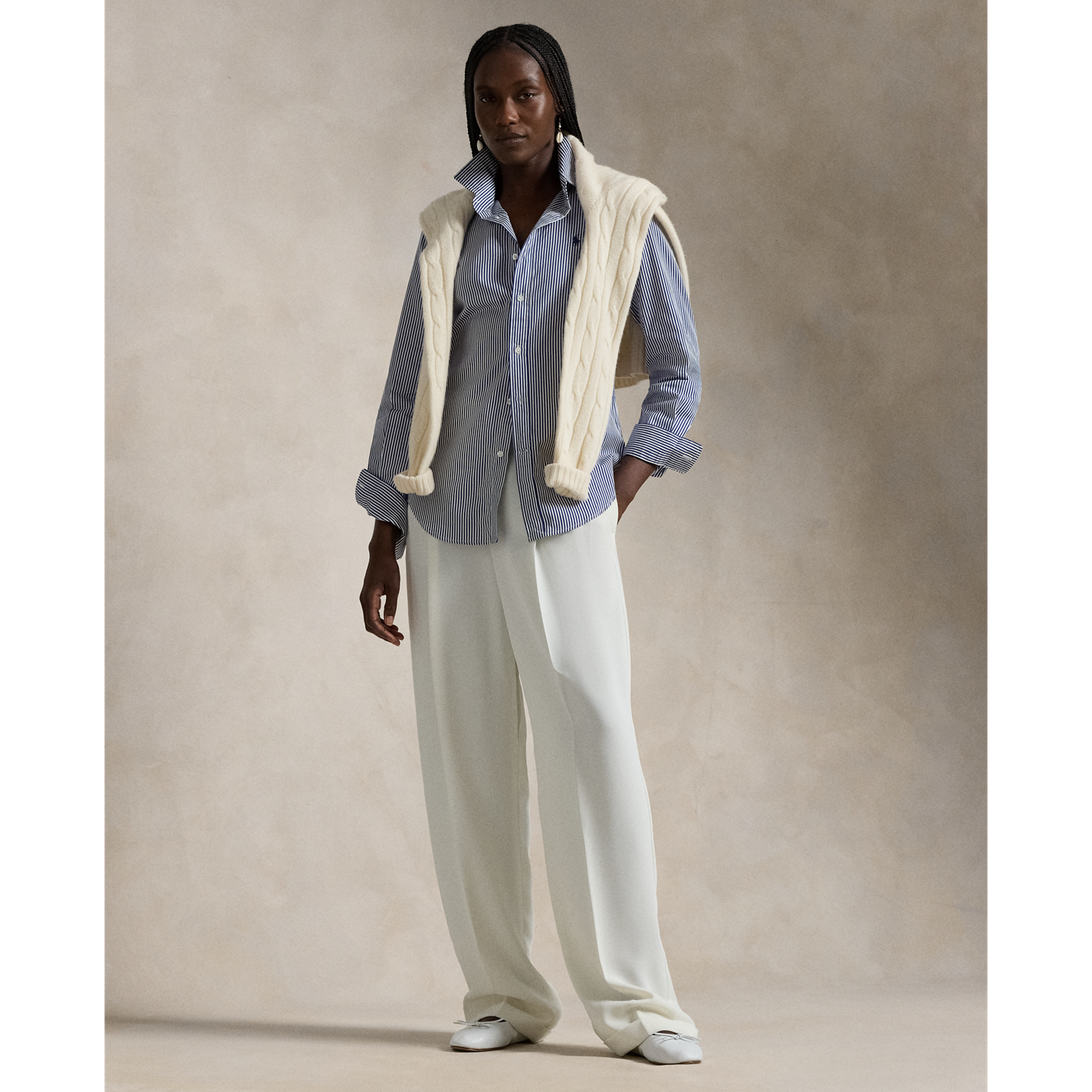 Женская рубашка Ralph Lauren Slim Fit Striped Cotton, цвет: Белый / Королевский синий — фото 1