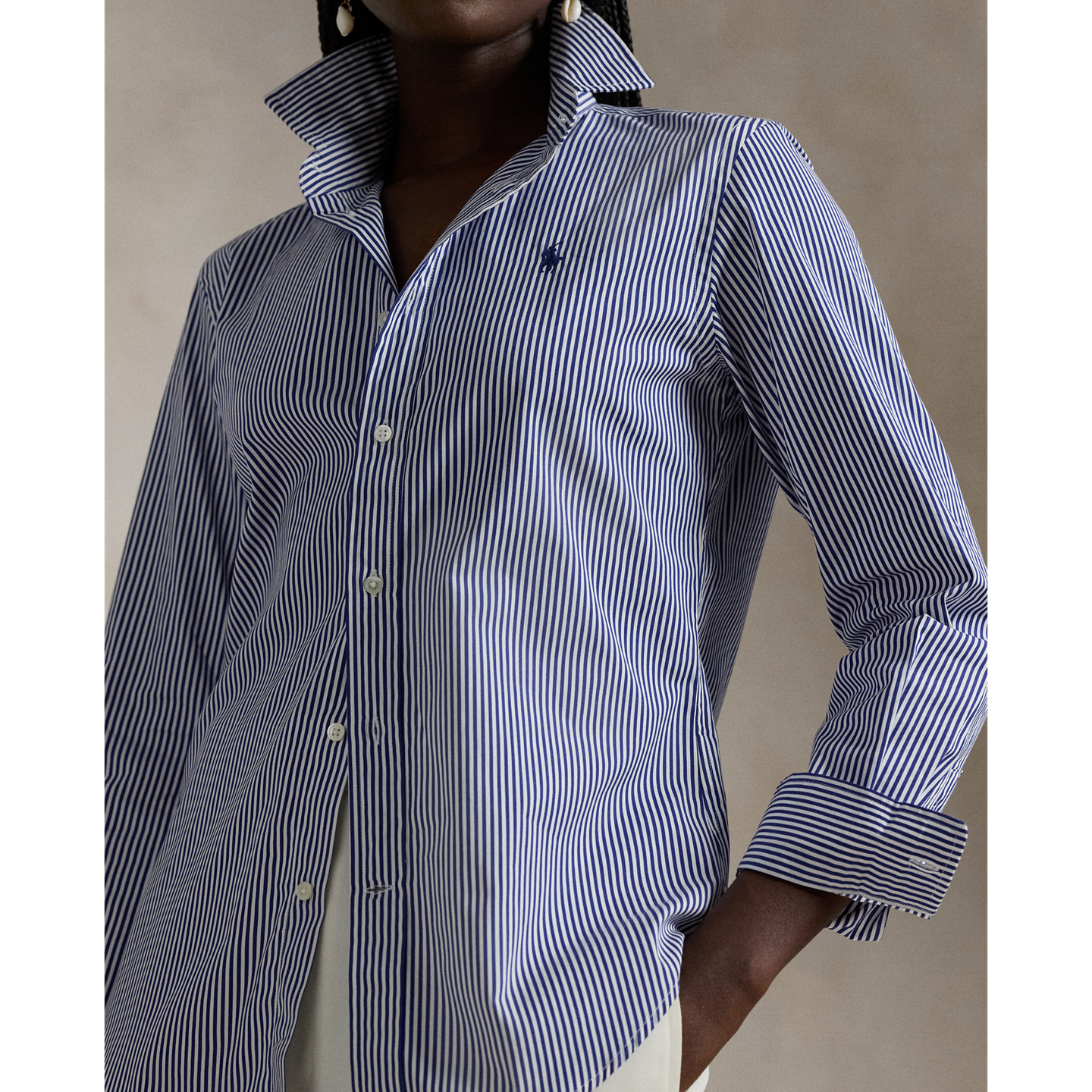Женская рубашка Ralph Lauren Slim Fit Striped Cotton, цвет: Белый / Королевский синий — фото 3