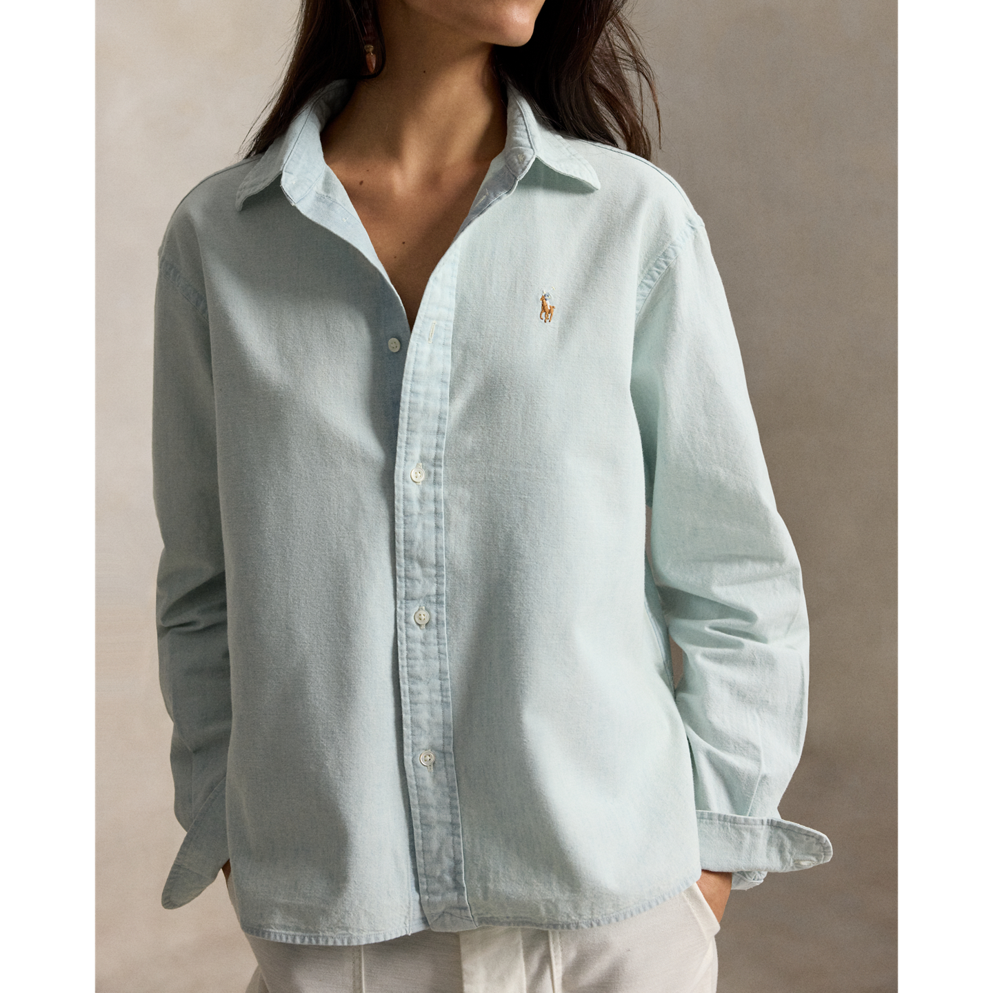 Женская рубашка Polo Ralph Lauren Cropped Boxy Chambray, цвет: Шамбре — фото 4