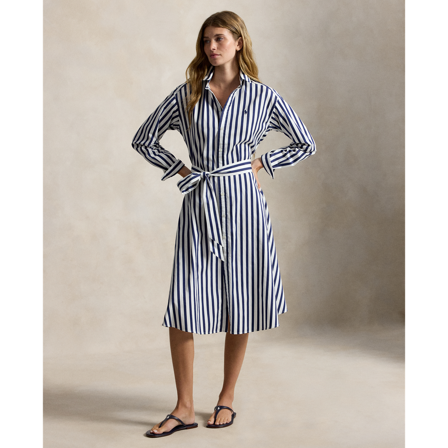 Женское платье Ralph Lauren Belted Wide-Stripe Cotton Shirtdress, цвет: Тёмно-синий / Белый — фото 4