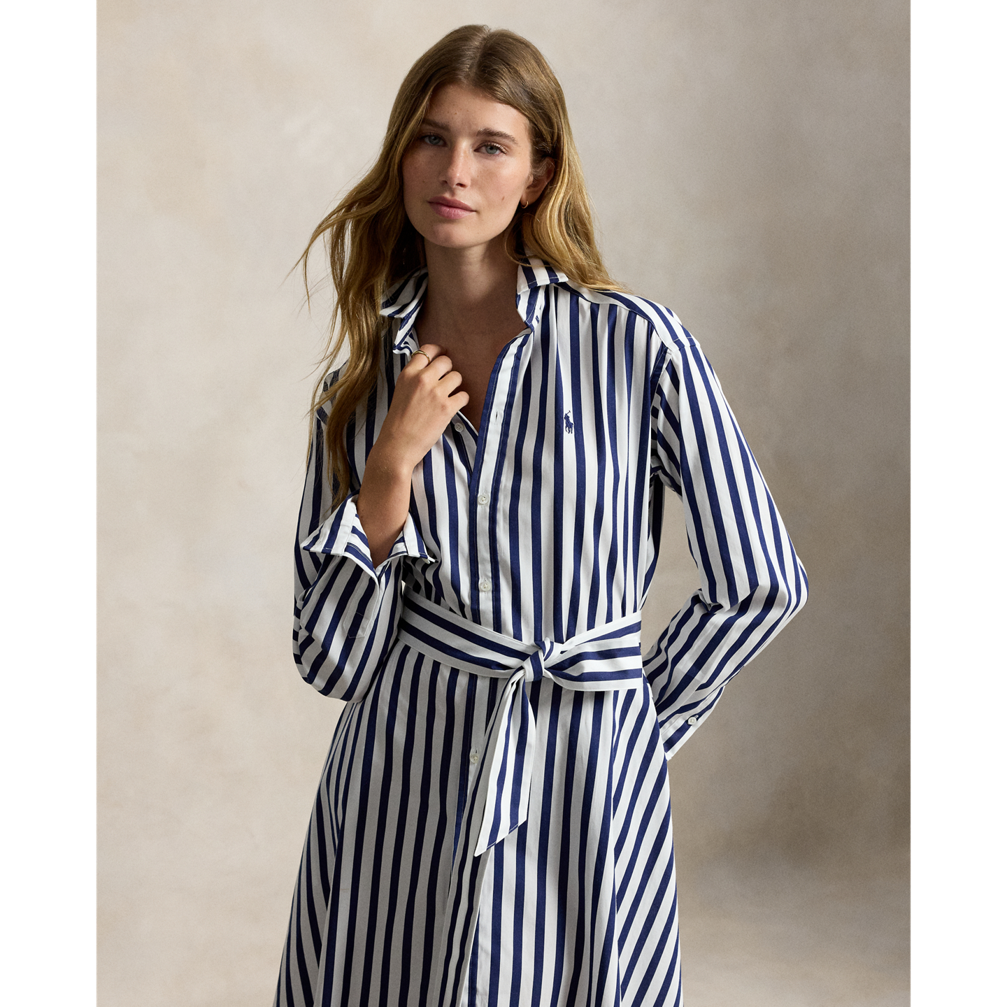 Женское платье Ralph Lauren Belted Wide-Stripe Cotton Shirtdress, цвет: Тёмно-синий / Белый — фото 1