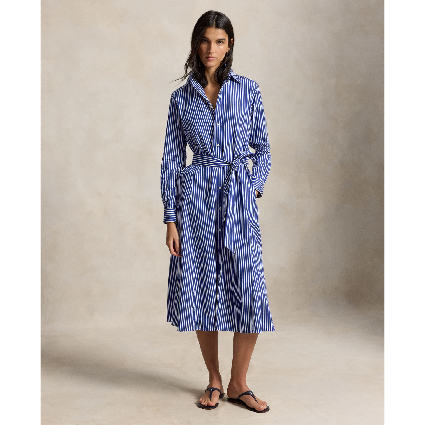 Женское платье Polo Ralph Lauren Belted Striped Cotton Shirtdress, цвет: Тёмно-синий / Белый — фото 6