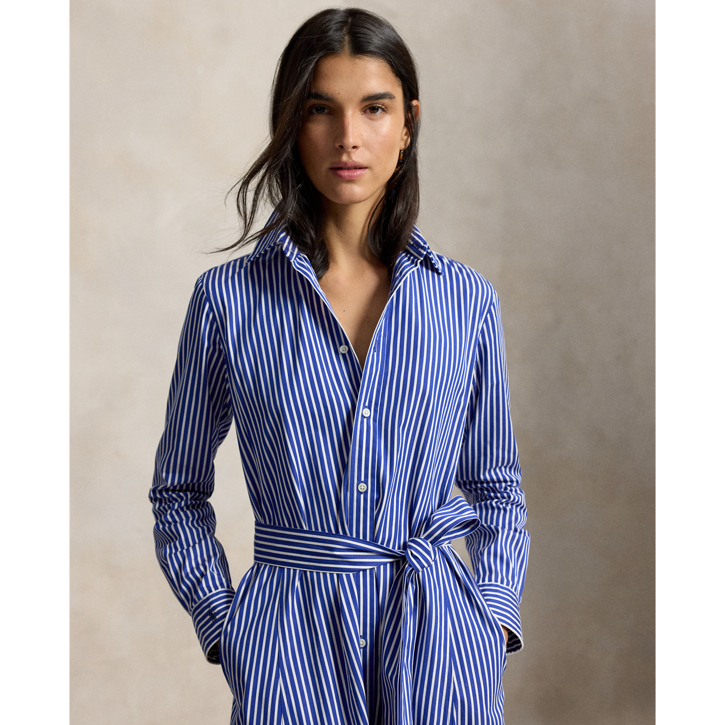 Женское платье Polo Ralph Lauren Belted Striped Cotton Shirtdress, цвет: Тёмно-синий / Белый — фото 1