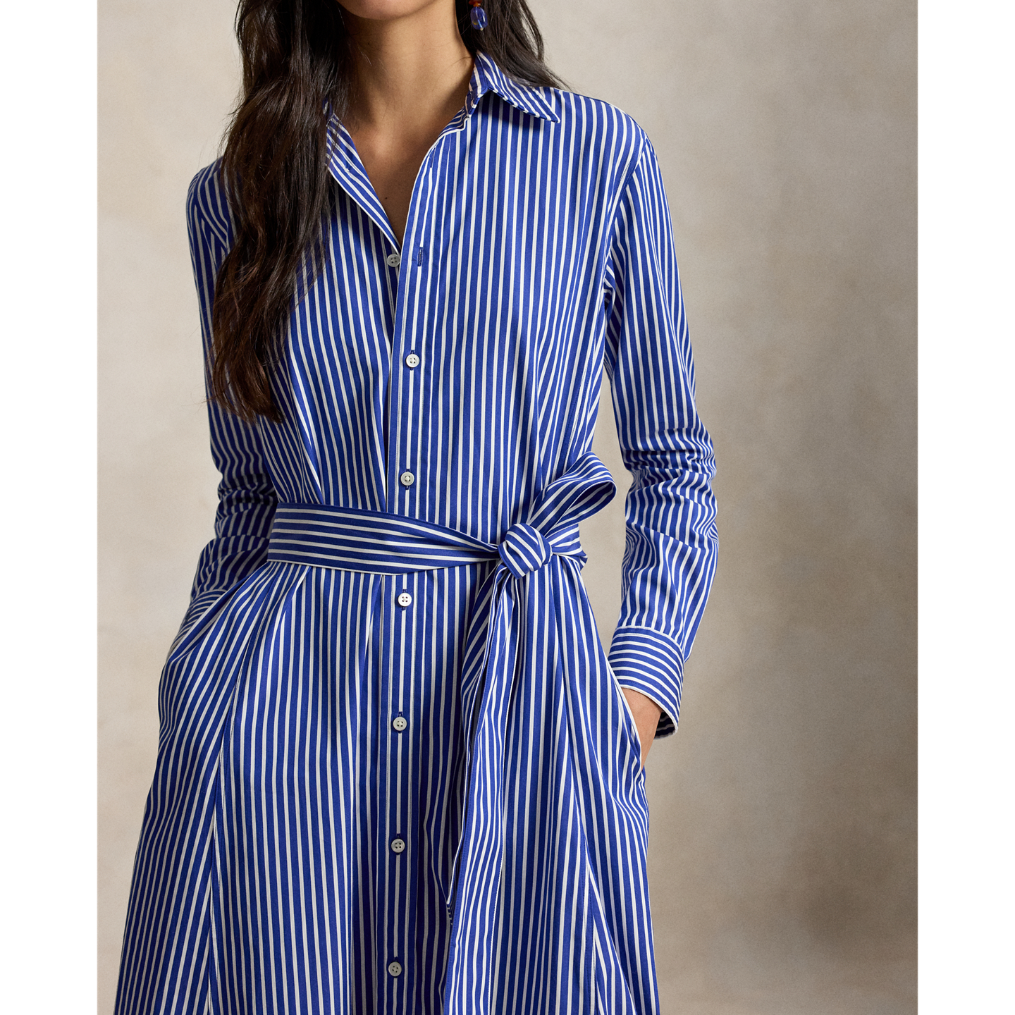 Женское платье Polo Ralph Lauren Belted Striped Cotton Shirtdress, цвет: Тёмно-синий / Белый — фото 3
