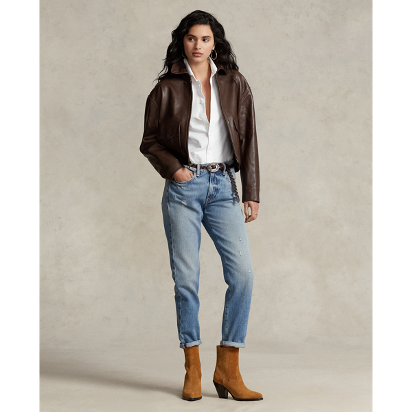 Cropped Leather Bomber Jacket