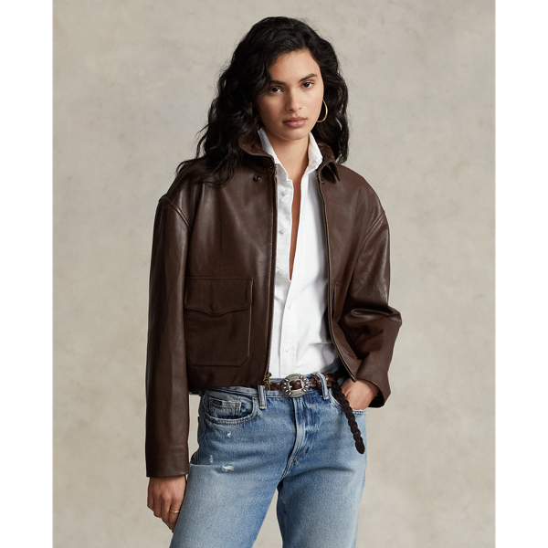 Cropped Leather Bomber Jacket