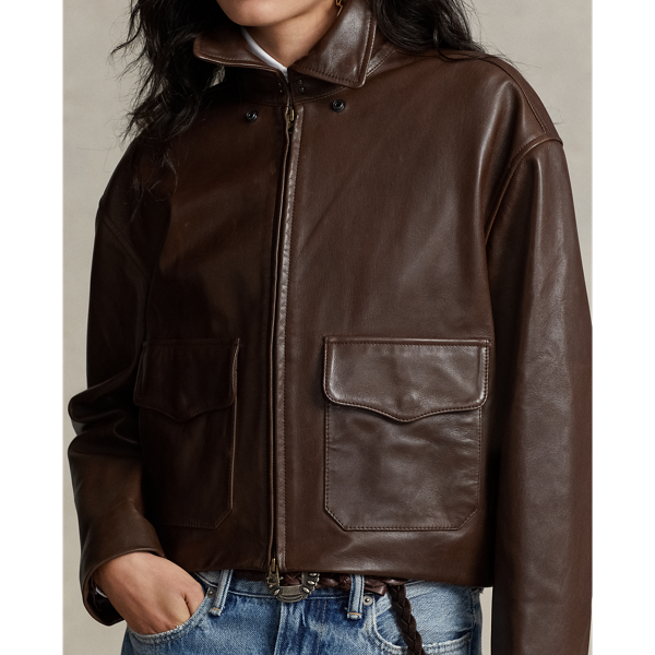 Brown Cropped Leather Bomber Jacket Polo Ralph Lauren 6