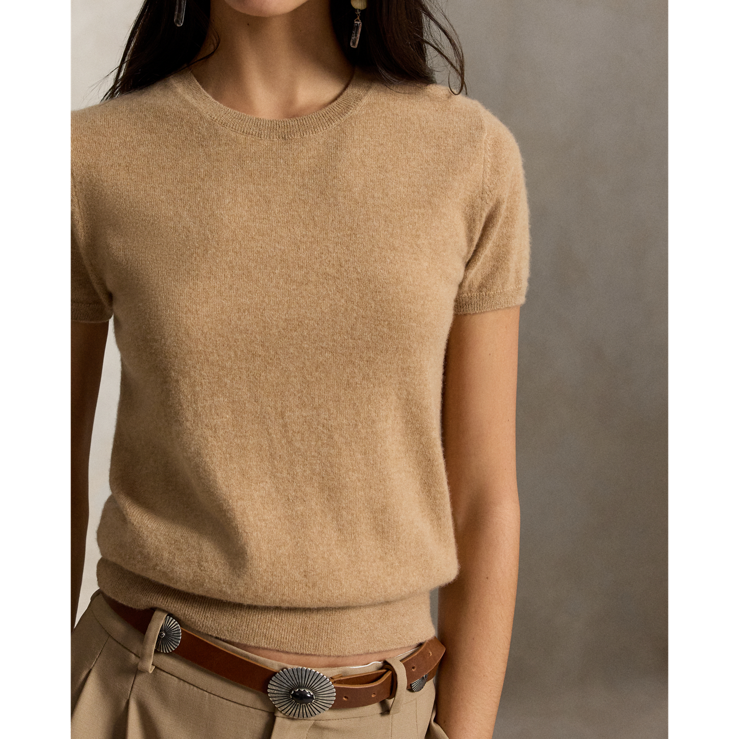 Женский свитер Ralph Lauren Cashmere Short-Sleeve Crewneck, цвет: Верблюжий меланжевый — фото 3